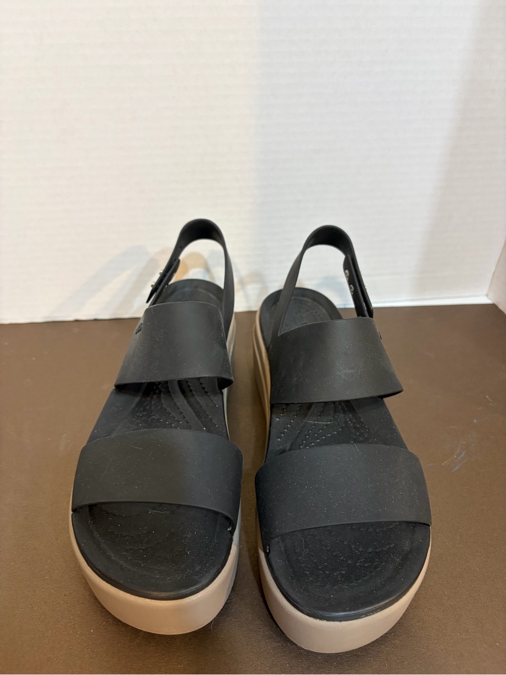 CROCS Black Strap Platform Sandal with Tan Sole - Picture 2 of 4